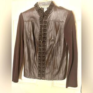 Peter Nygard leather jacket - small 6/8 - brown - zip front, knit back